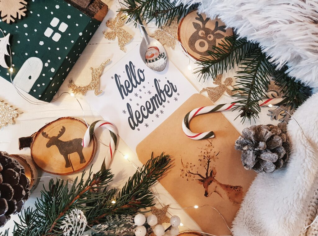 December christmas calendar flatlay with words hello december.